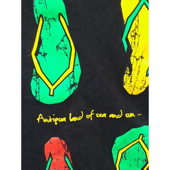 Antigua & Barbuda Land of Sea and Sun Black T Shirt Flip Flops Graphic Print S - Picture 2 of 12
